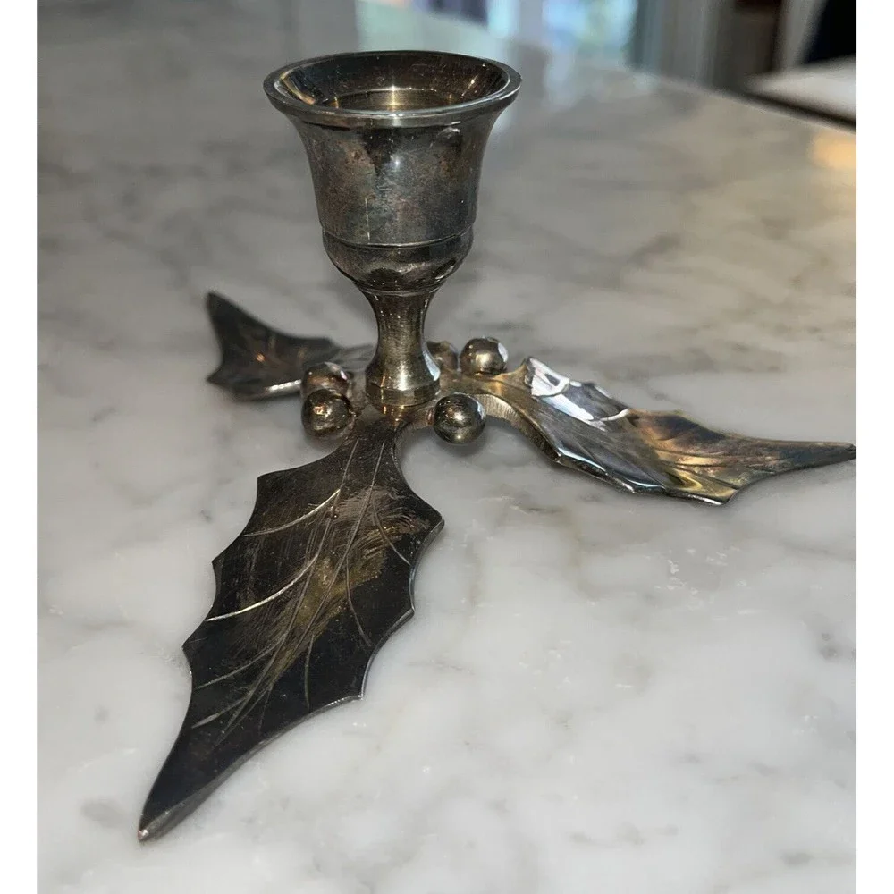 Restoration Hardware Holly Leaf Silver Candle Stick Holder India 2.5